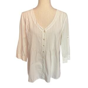 J Jill White Cotton Pintuck Peasant Top Size MP Roll Tab Sleeve Button Tunic